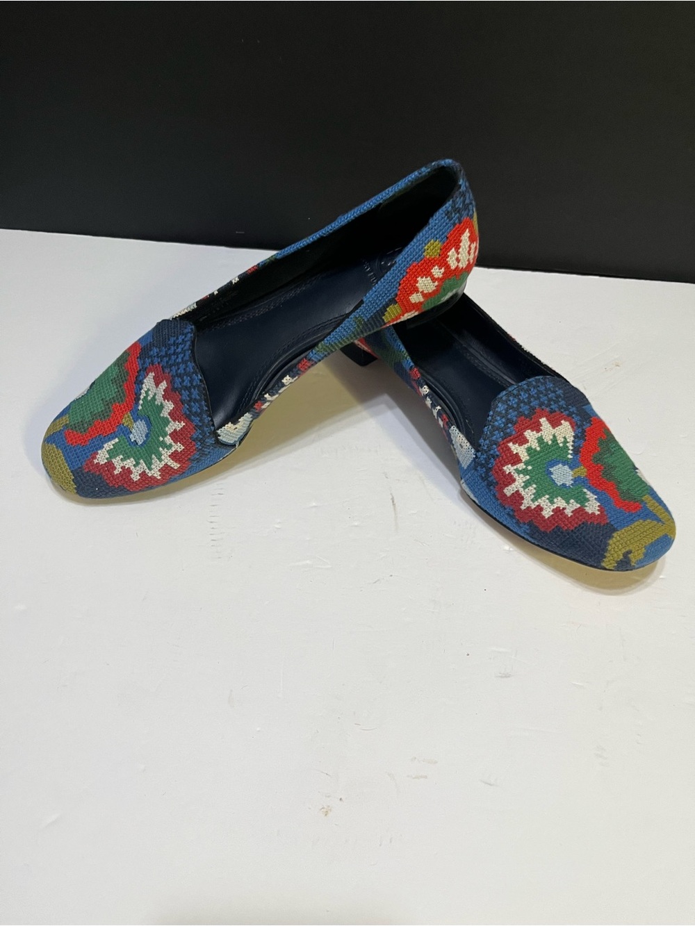 Tory Burch Navy Multicolor Embroidered Slip-On Flats